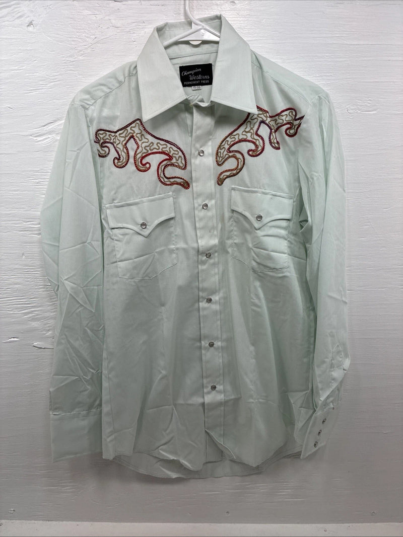 New Men’s Champion Western Mint Green Long Sleeve Pearl Snap 15 Medium M-62