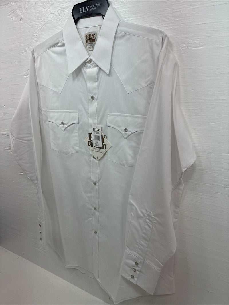 New Men’s ELY Cattleman White Long Sleeve Pearl Snap 16.5 X 34 Large AA-39