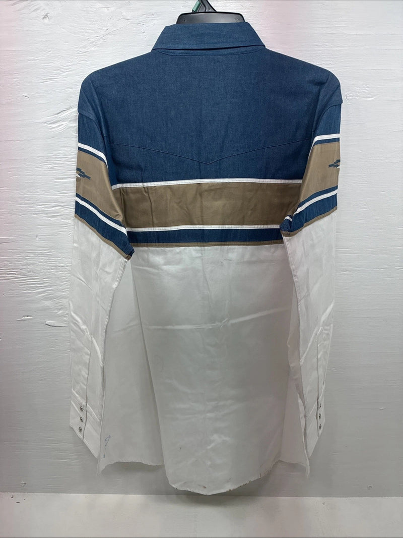 New Men’s ELY Cattleman White Blue Tan Western Long Sleeve Pearl Snap XL R-55