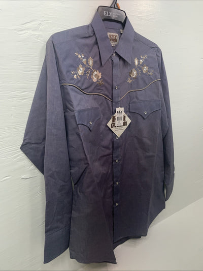 New Men’s ELY Cattleman Blue Long Sleeve Pearl Snap Medium B-123