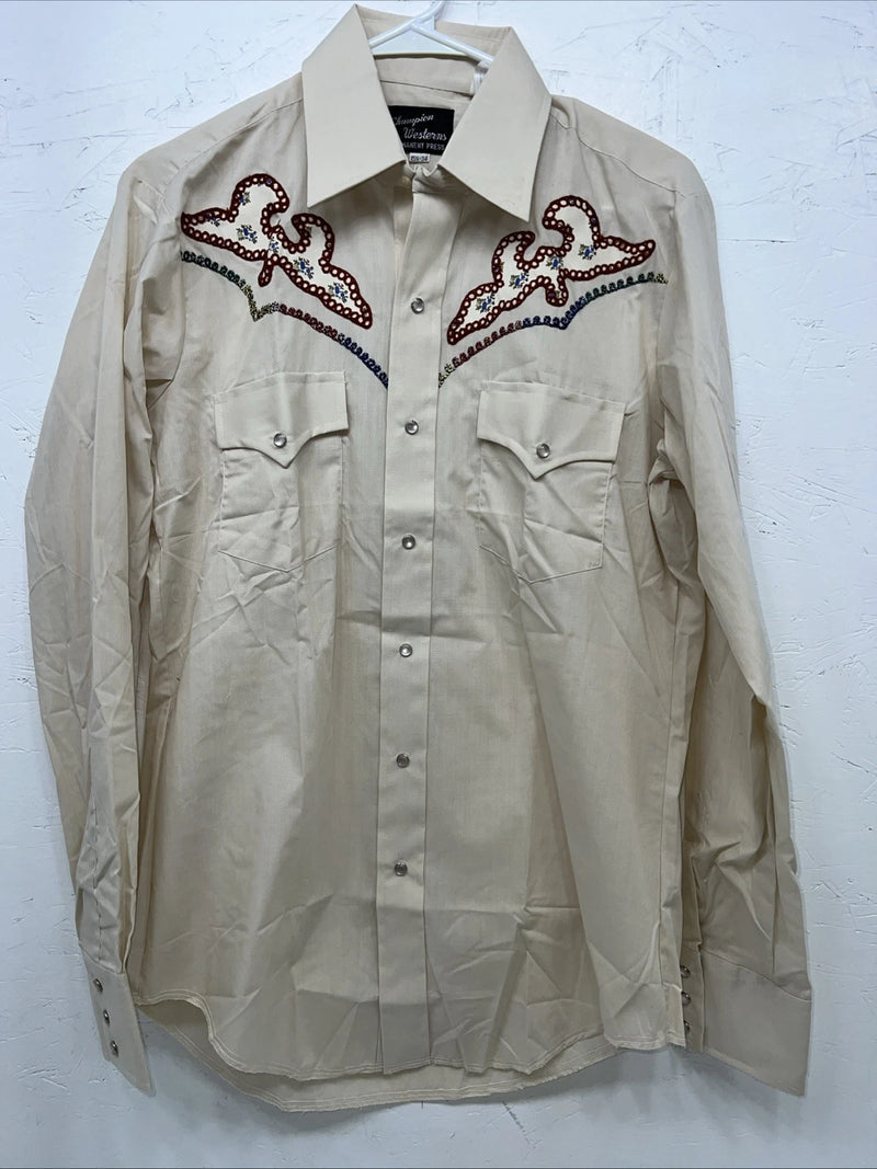 New men’s Cream Champion western Pearl Snap Long Sleeve 15.5 X 34 Medium A-180 