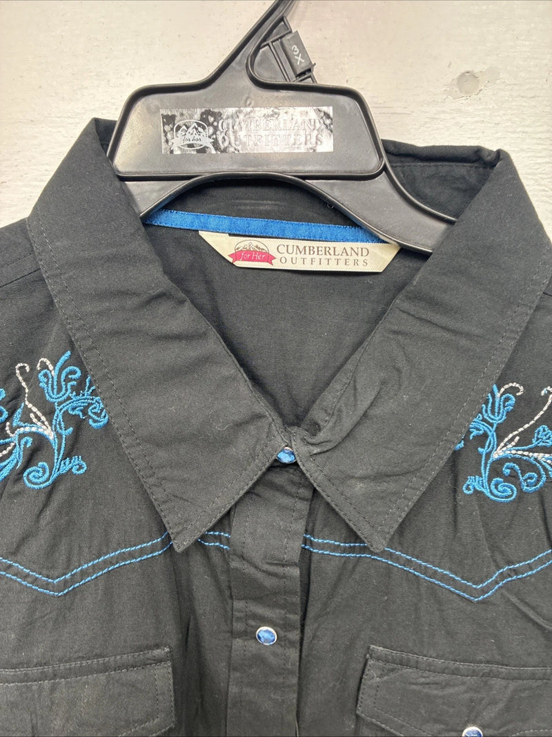 New Women’s Cumberland Black Blue Design Long Sleeve Pearl Snap 3XL II-3