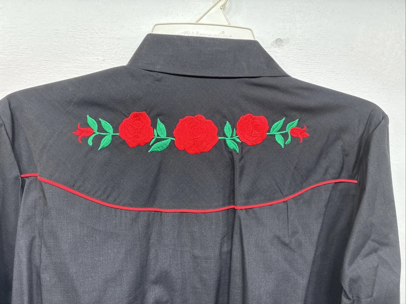 New Women’s Country Charmers Black Rose Long Sleeve Pearl Snap Large LL-96