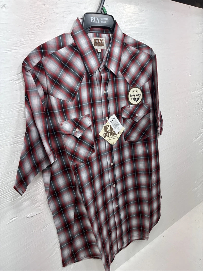 New Men’s ELY Cattleman Red Gray Plaid Short Sleeve Pearl Snap XL M-51