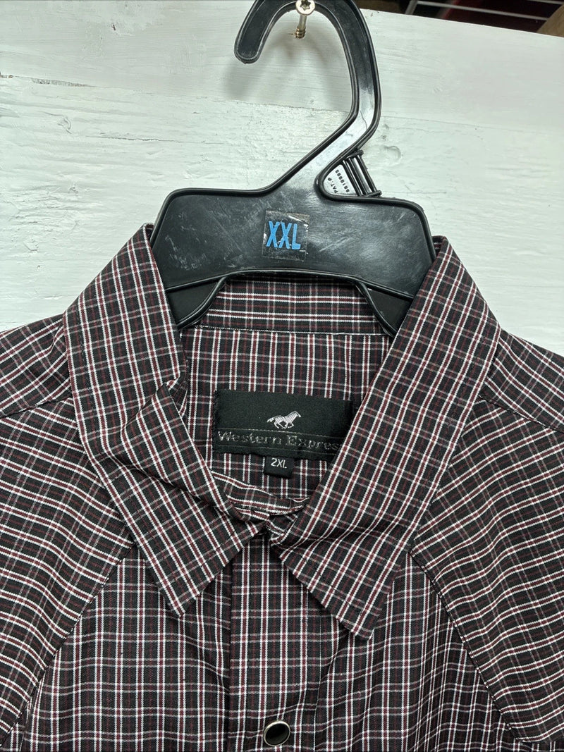 New Men’s Western Express Black Red Flannel Long Sleeve Pearl Snap 2XL F-98