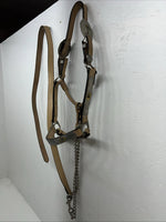 Used Light Oil Genuine Leather Show Halter With Lead Rope Silver Accents W-23