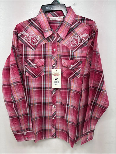 New Women’s Cumberland Pink Designed Long Sleeve Pearl Snap XL GG-30