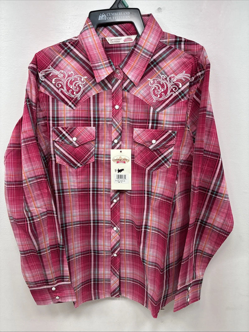 New Women’s Cumberland Pink Designed Long Sleeve Pearl Snap XL GG-30