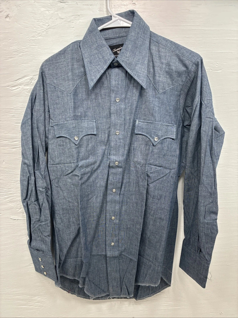 New Men’s Champion Westerns Blue Jean Design Long Sleeve Pearl Snap Medium O-34