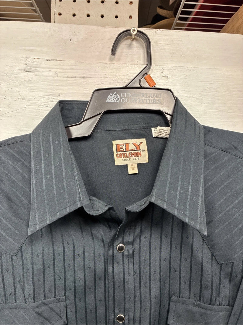 New Men’s ELY Cattleman Black Stripe Design Long Sleeve Pearl Snap 17.5 XL O-50