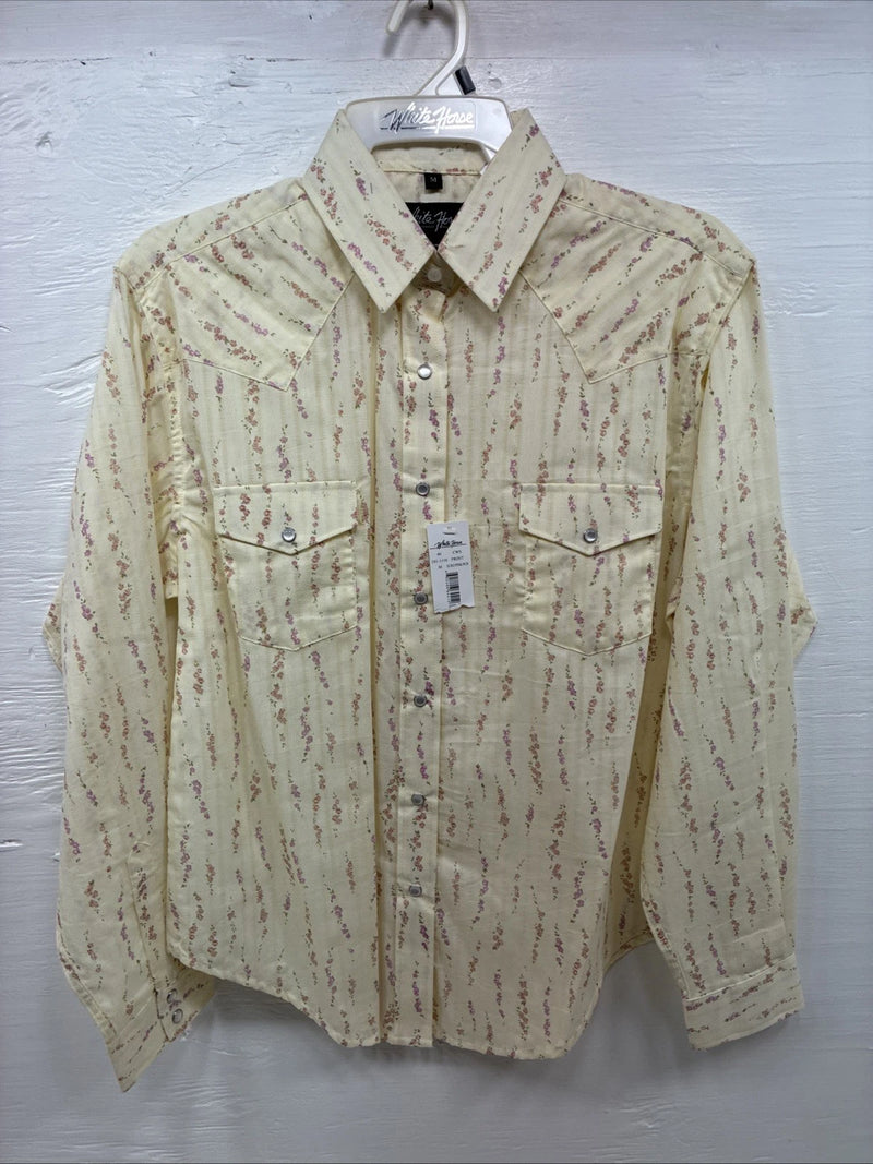 New Kids White Horse Yellow Floral Long Sleeve Pearl Snap Medium CC-110