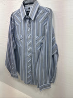 New Teens White Horse Blue Stripe Long Sleeve Pearl Snap Medium V-103