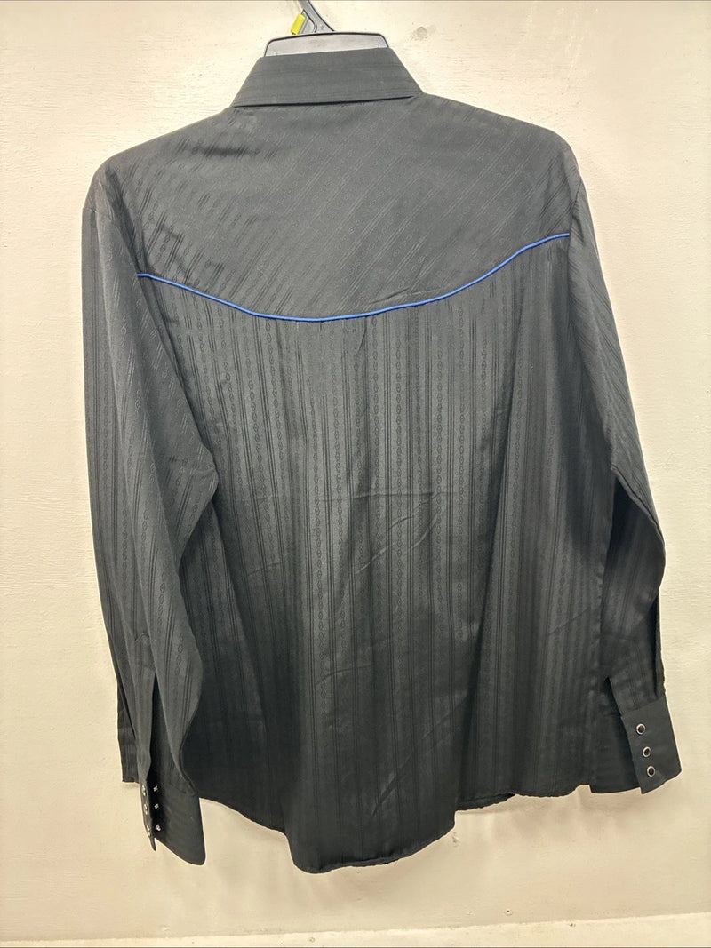 New Women’s ELY 1878 Black Blue Design Long Sleeve Pearl Snap Large LL-30