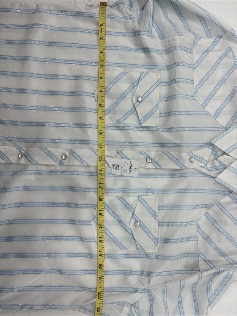 New Women’s White Horse White Blue Stripe Long Sleeve Pearl Snap Large GG-72