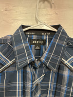 New Men’s ELY 1878 Blue Gray Plaid Short Sleeve Pearl Snap Large X-45
