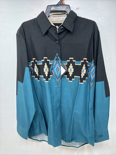 New Women’s Cumberland Black Blue Long Sleeve Button Up Medium TT-25