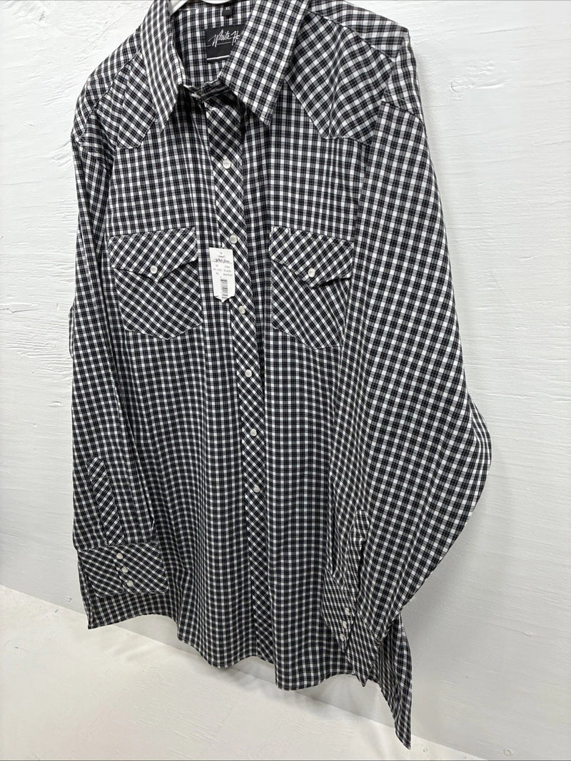 New Men’s White Horse  Black White Plaid Long Sleeve Pearl Snap XL H-80