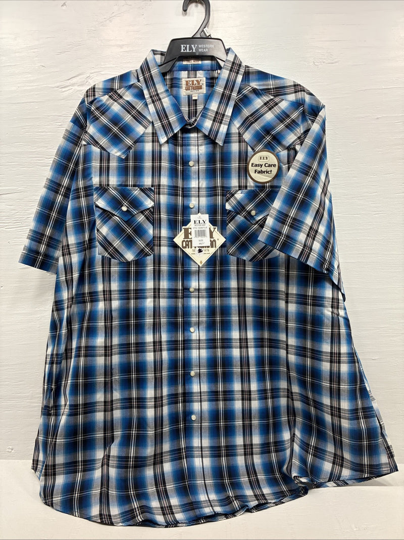 New Men’s ELY Cattleman Blue Western Flannel Short Sleeve Pearl Snap 4XL E-73