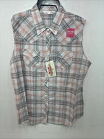 New Women’s Cumberland Pink Gray Plaid Short Sleeve Pearl Snap Large GG-77