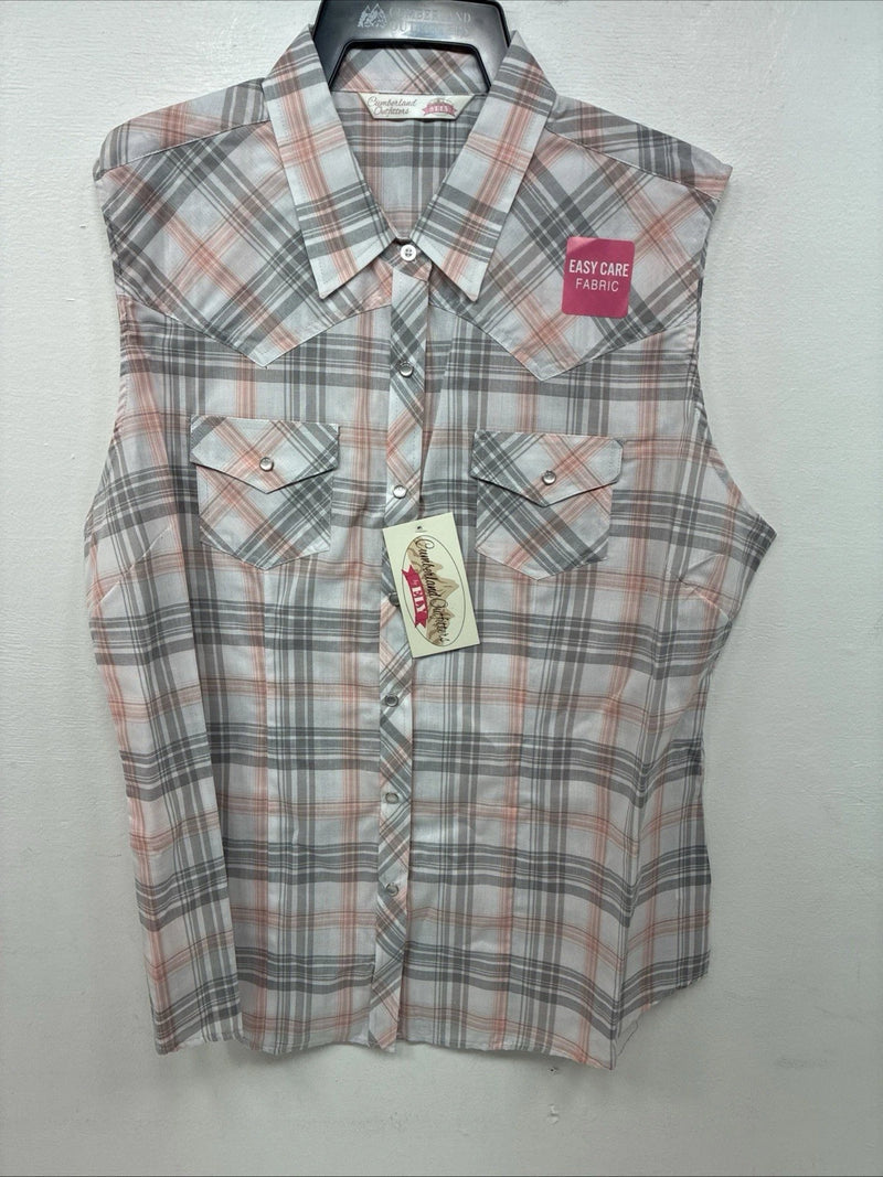 New Women’s Cumberland Pink Gray Plaid Short Sleeve Pearl Snap Large GG-77