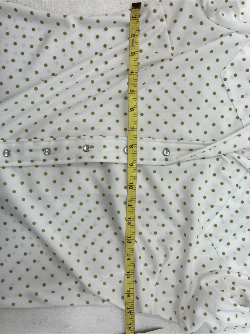 New Women’s Lady DJ White Brown Polkadot Long Sleeve Pearl Snap Size 34 YY-114