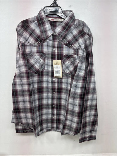 New Women’s Cumberland Purple Plaid Long Sleeve Pearl Snap 1XL GG-31