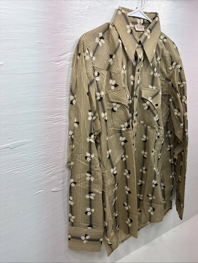 New Men’s ELY Plains Tan Black Floral Long Sleeve Pearl Snap 16 X 36 Large X-64