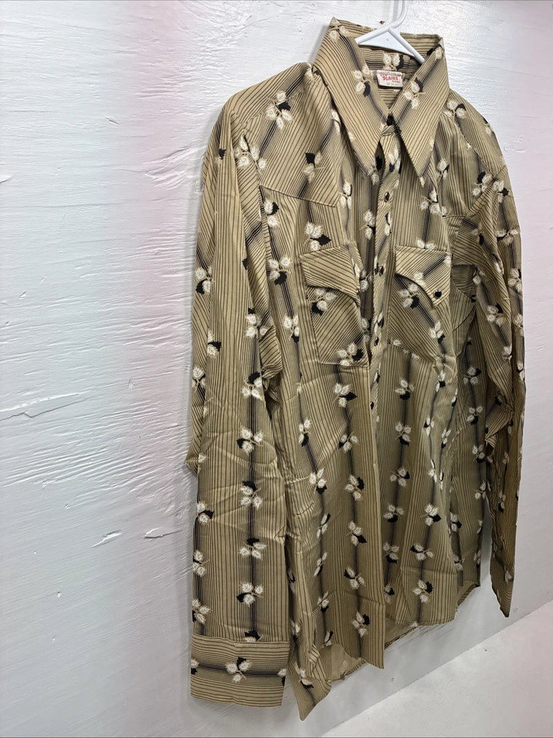 New Men’s ELY Plains Tan Black Floral Long Sleeve Pearl Snap 16 X 36 Large X-64