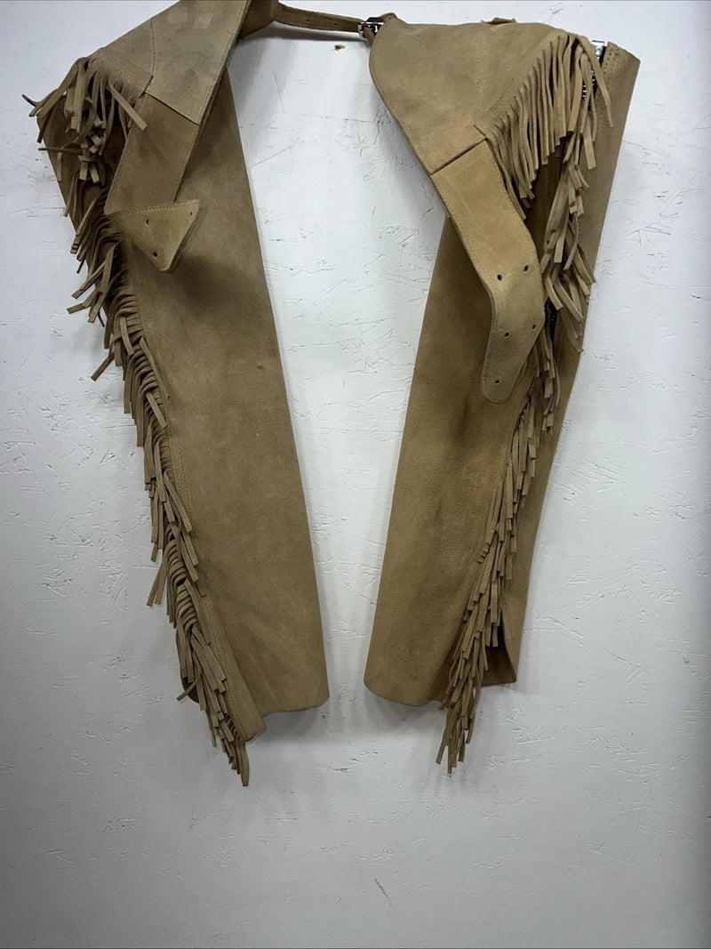 NOS Tan Children’s Show Chaps With Fringe Adjustable Waist 36” L-40