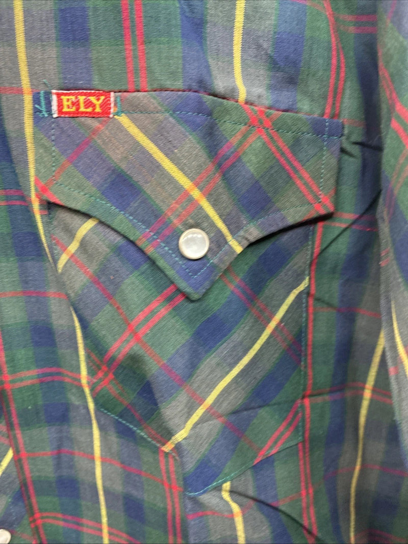 New Men’s ELY Plains Green Multicolor Plaid Long Sleeve Pearl Snap Medium M-63