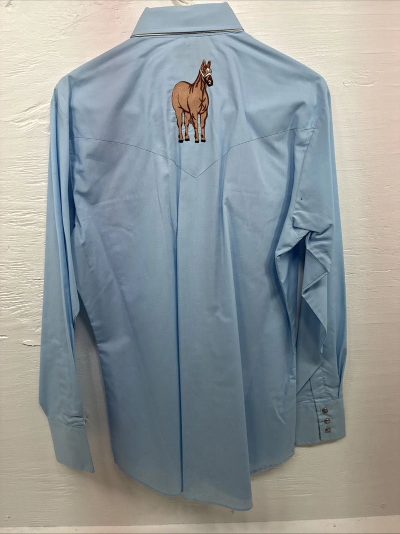 New Men’s ELY Wildlife Blue Horse Embroidered Long Sleeve Pearl Snap Medium K-57