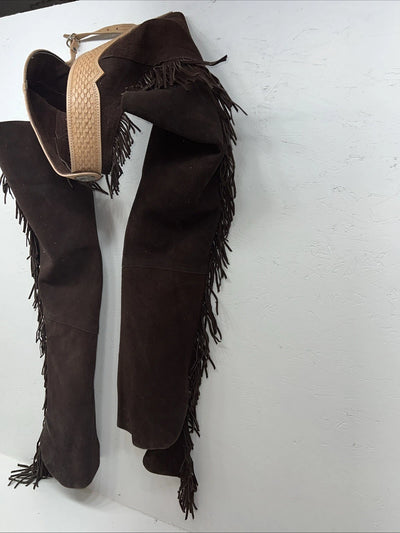 NOS Brown Show Chaps With Fringe Adjustable Waist 44” L-36