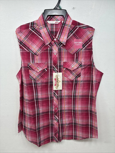 New Women’s Cumberland Pink plaid Short Sleeve Pearl Snap XL GG-26