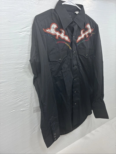 New Men’s Champion Western Black Design Long Sleeve Pearl Snap 15.5 Medium T-89