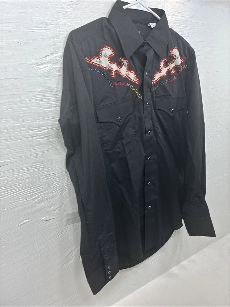 New Men’s Champion Western Black Design Long Sleeve Pearl Snap 15.5 Medium T-89