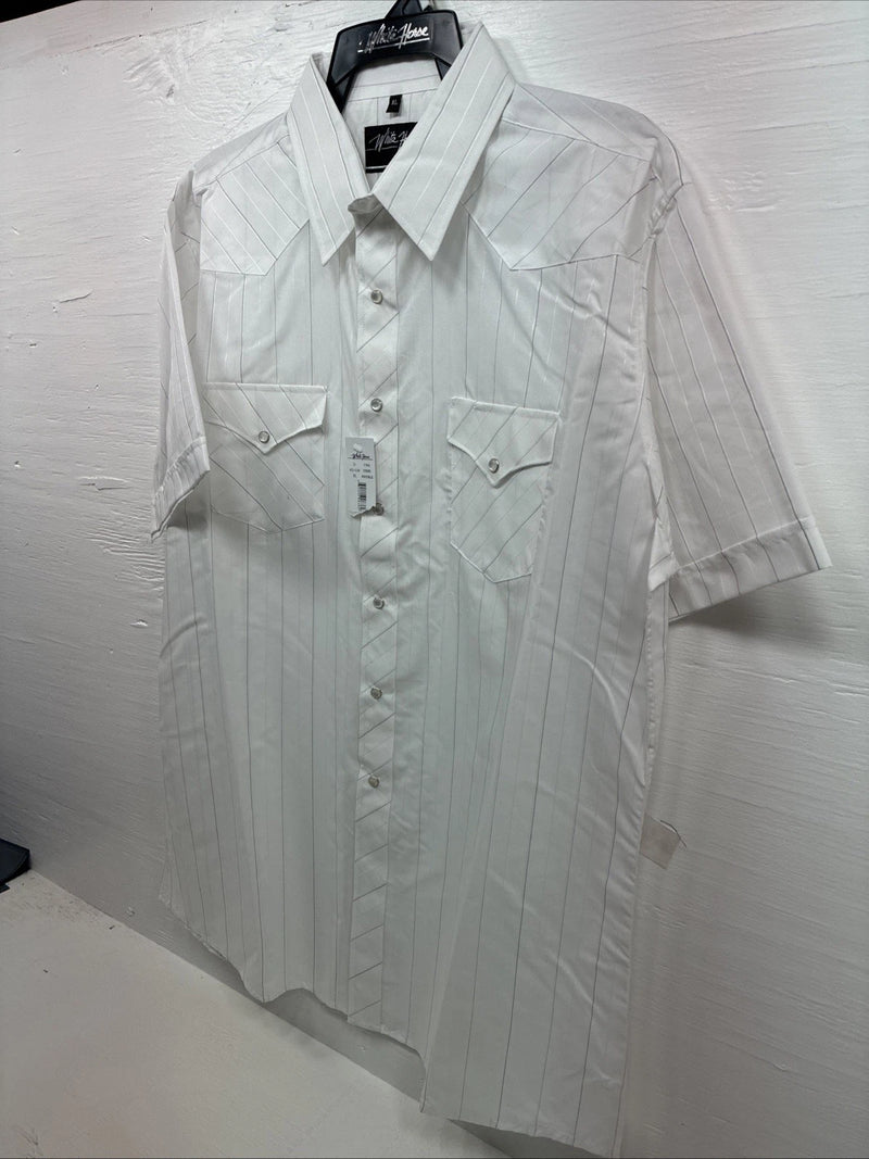 New Men’s White Horse White Stripe Short Sleeve Button Up XL T-9