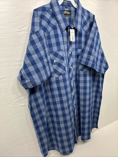 New Men’s White Horse Blue Checkered Short Sleeve Pearl Snap 2XL H-68
