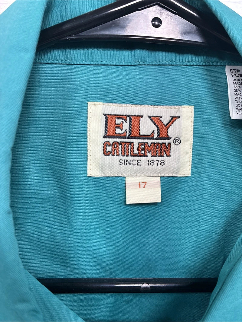 New Men’s ELY Cattleman Teal Short Sleeve Pearl Snap Shirt 17 XL X-107