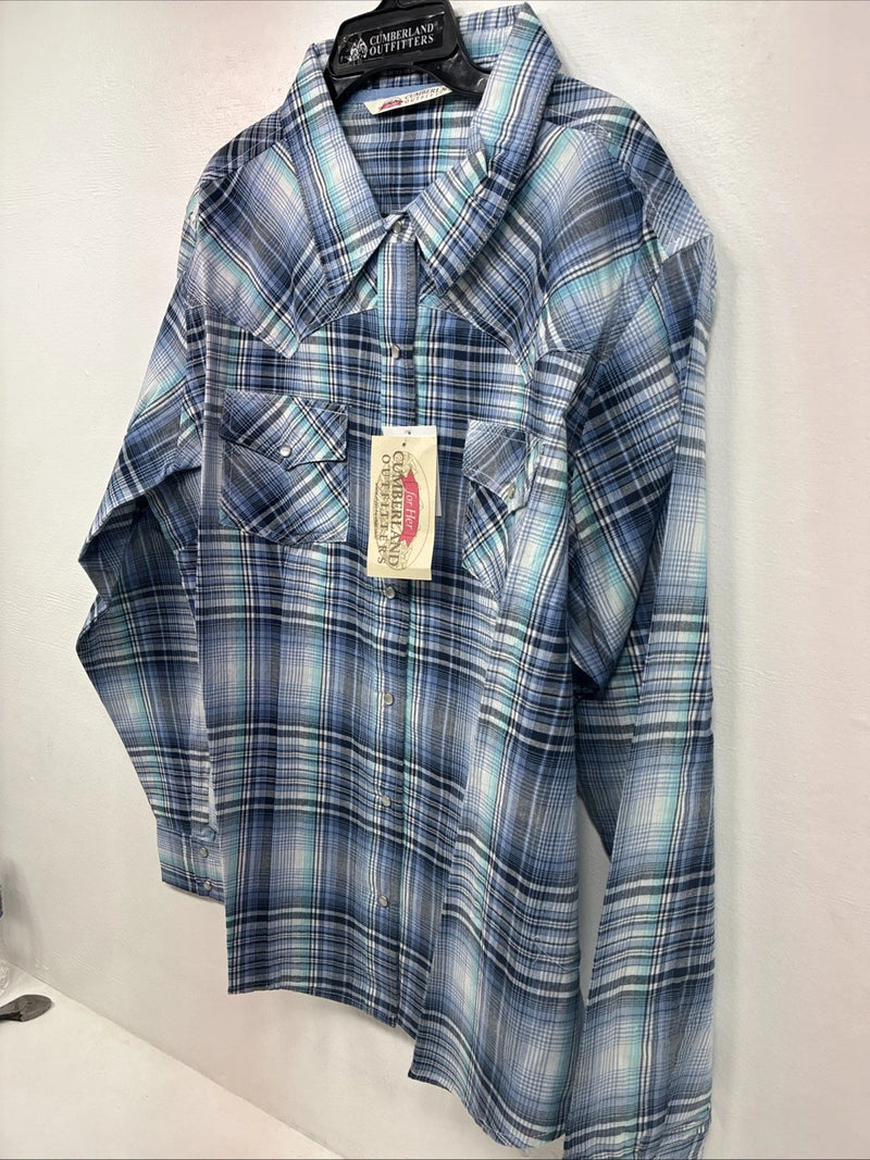 New Women’s Cumberland Blue Plaid Long Sleeve Pearl Snap 2XL GG-44