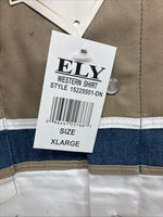 New Men’s ELY Cattleman White Blue Tan Western Long Sleeve Pearl Snap XL R-55