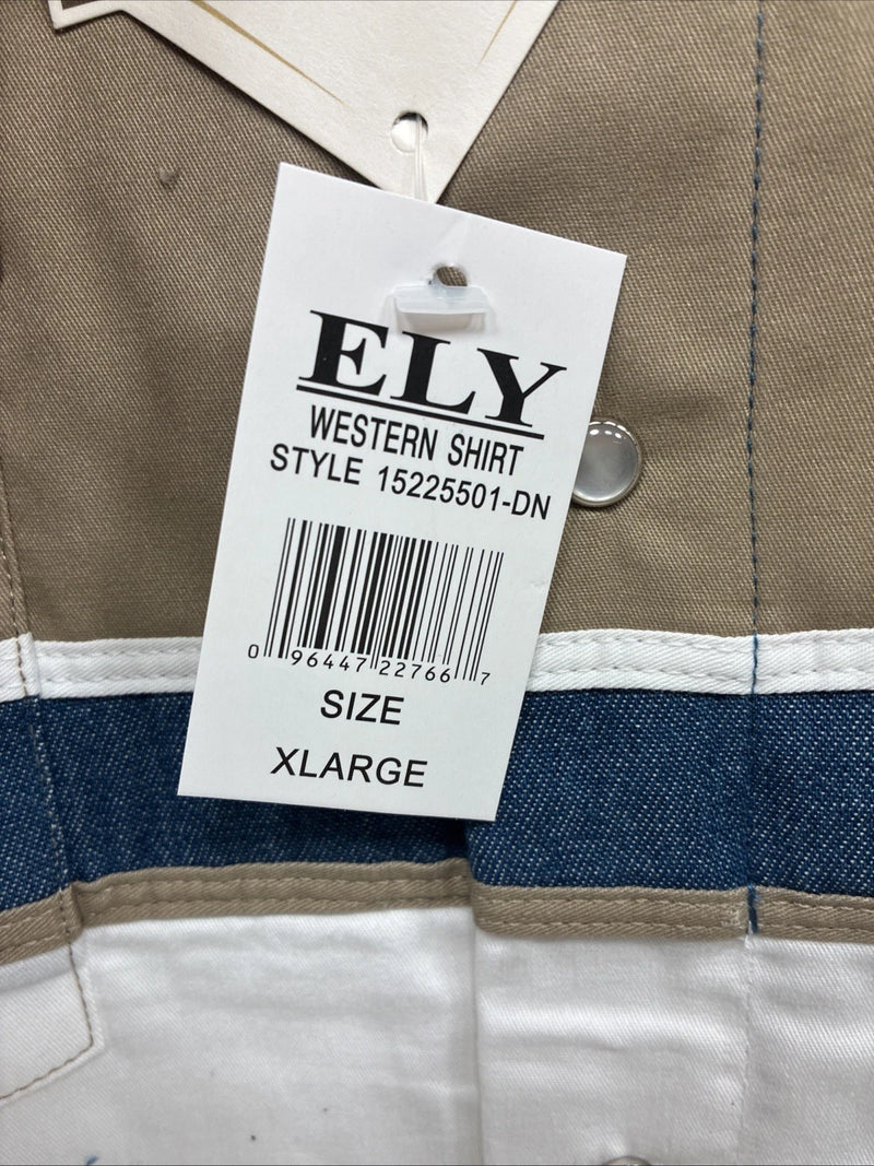 New Men’s ELY Cattleman White Blue Tan Western Long Sleeve Pearl Snap XL R-55