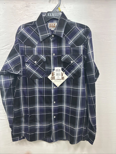 New Kids ELY Cattleman Purple Plaid Long Sleeve Pearl Snap Large DD-33