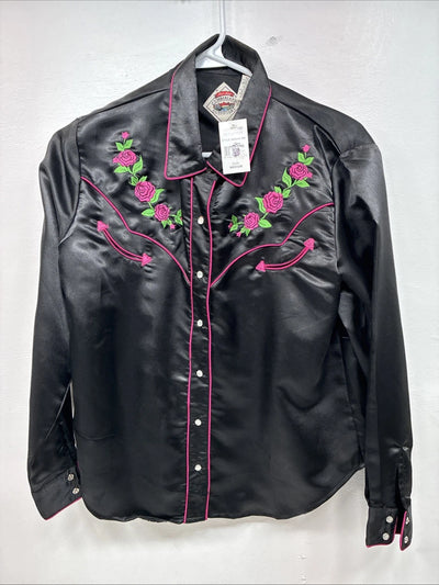 New Women’s Cumberland Black Rose Long Sleeve Pearl Snap Medium LL-86
