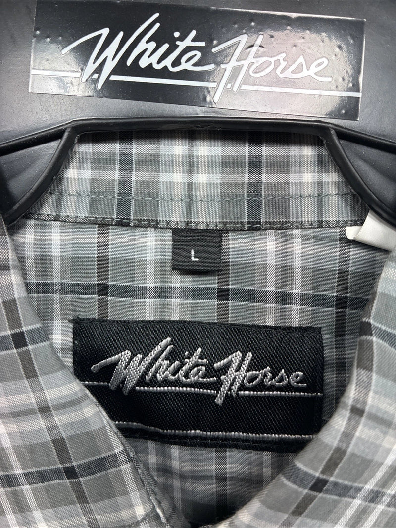 New Men’s White Horse Gray White Plaid Short Sleeve Pearl Snap Large X-39