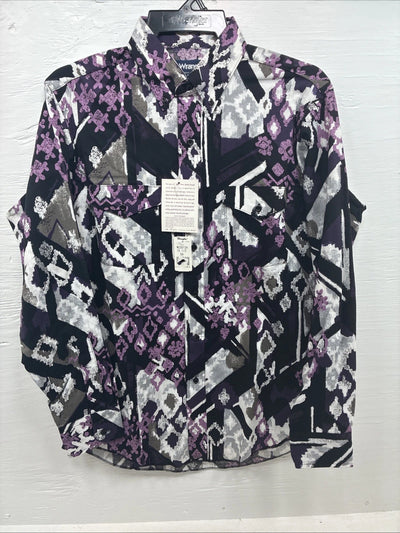 New Men’s Wrangler Black Purple Designed Long Sleeve Button Up Medium V-86