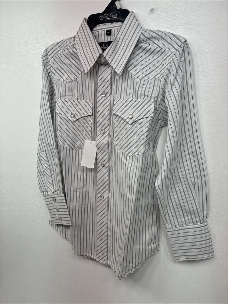 New Kids White Horse Gray Stripe Long Sleeve Pearl Snap Medium DD-57