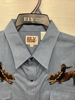 New Men’s ELY Cattleman Blue Embroidered Short Sleeve Pearl Snap 2XL F-82
