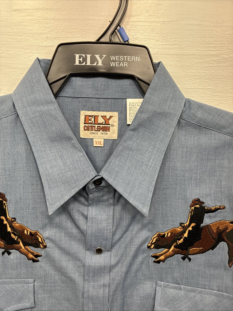 New Men’s ELY Cattleman Blue Embroidered Short Sleeve Pearl Snap 2XL F-82