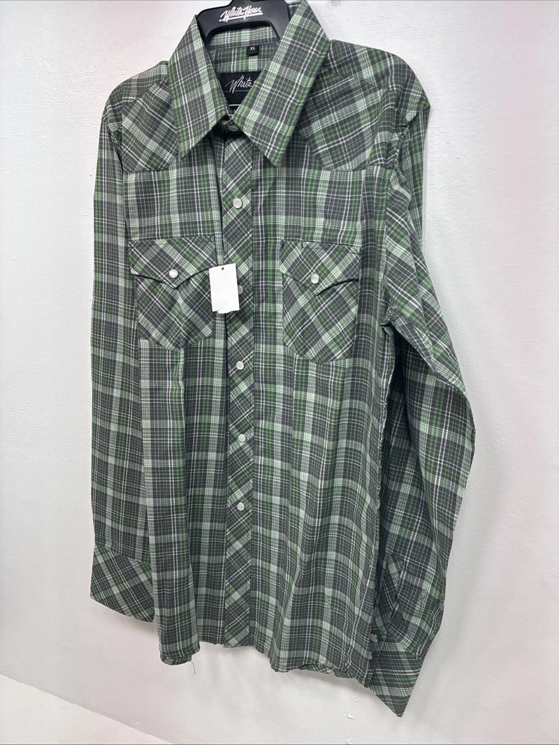 New Kids White Horse Green Plaid Long Sleeve Pearl Snap XL DD-59 