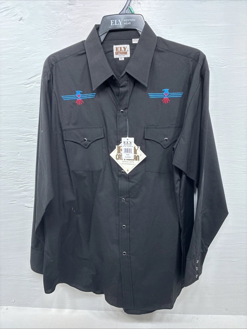 New Men’s ELY Cattleman Black Aztec Design Long Sleeve Pearl Snap XL O-67